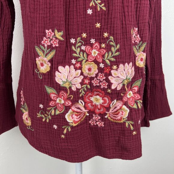 Andree by Unit Boho Blouse Women Small Maroon Floral Embroidered Long Sleeve Top - Picture 8 of 14